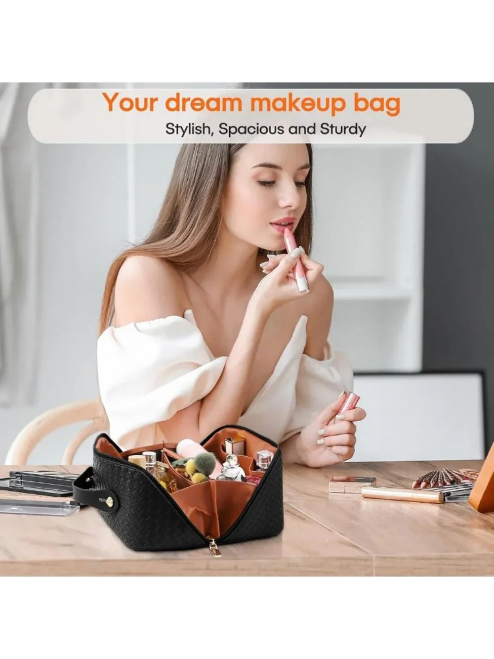 Large Capacity Waterproof Makeup Bag - Portable Organizer with Dividers & Handle